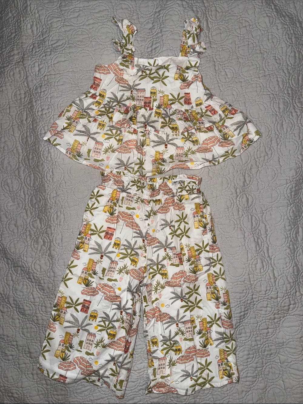 Girls Tropical Print Two-Piece One-Piece Set - White Multicolor